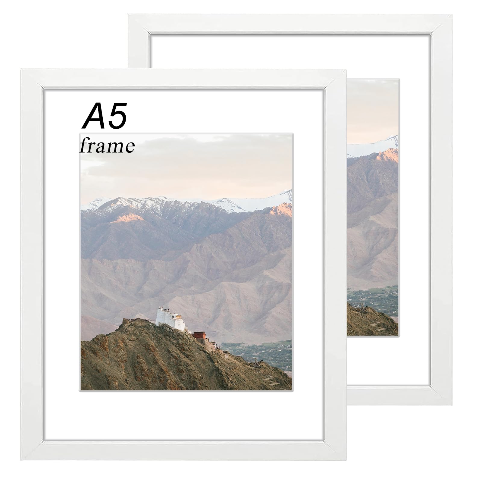 RUN HELIX A5 Frame White 2 Pack, Wooden A5 Photo Frame 14.8x21cm with Mat for Wall Mount or Desk Display, Shatterproof Plexiglass, Versatile Picture Frame for Home, Office, Gallery Decor and Gifts