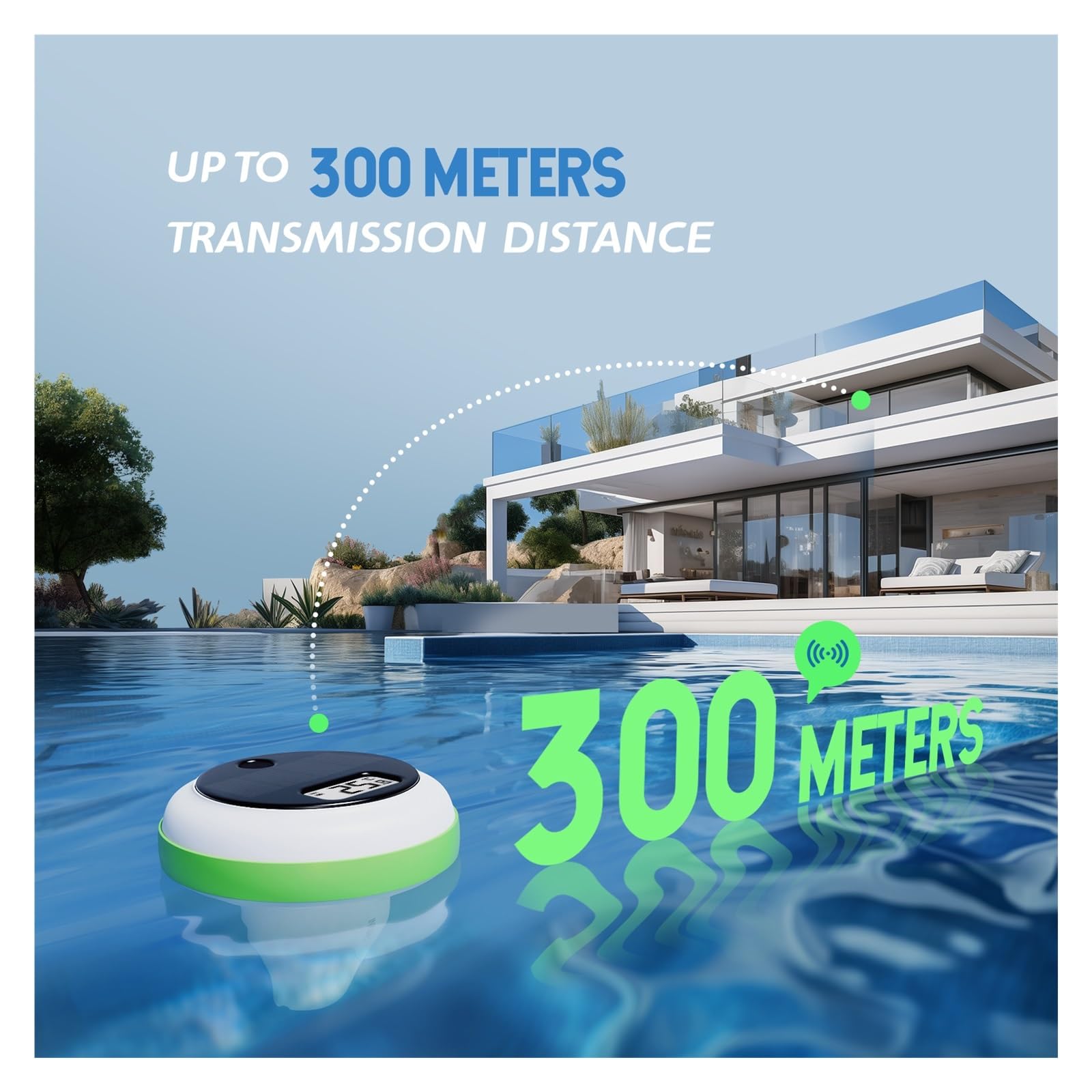 Termometro Solare Wireless for Piscina, Distanza di Trasmissione Ultra Lunga 300 m, con Monitor di Temperatura e umidità Interna