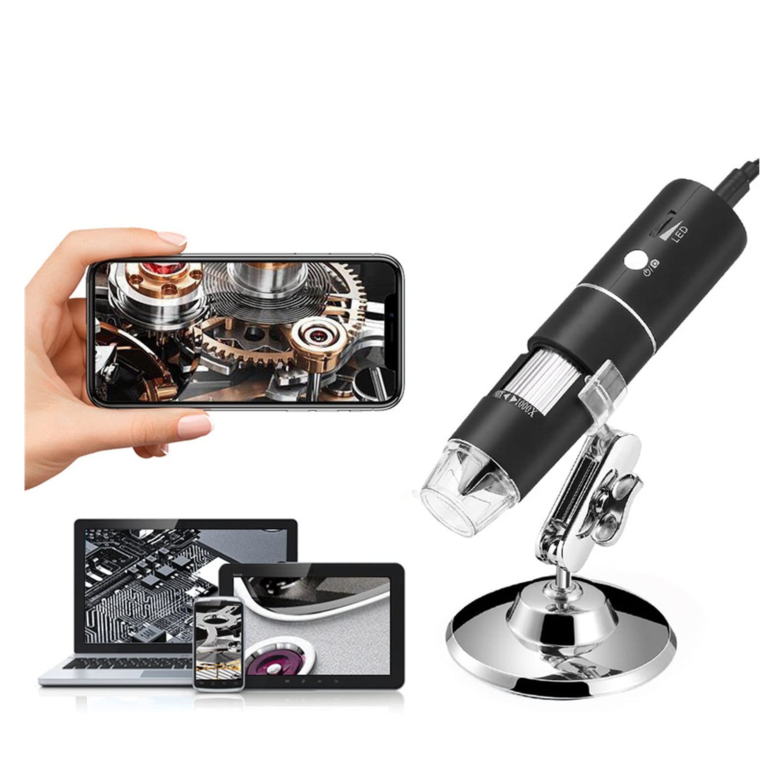 Mikroskop, 1000x WiFi Hand-Zoom-Vergrößerungs-Endoskop-Kamera 108 0p FHD 2.0 MP 8 LED Mikroskop mit Stand for Telefontablette(Noir)