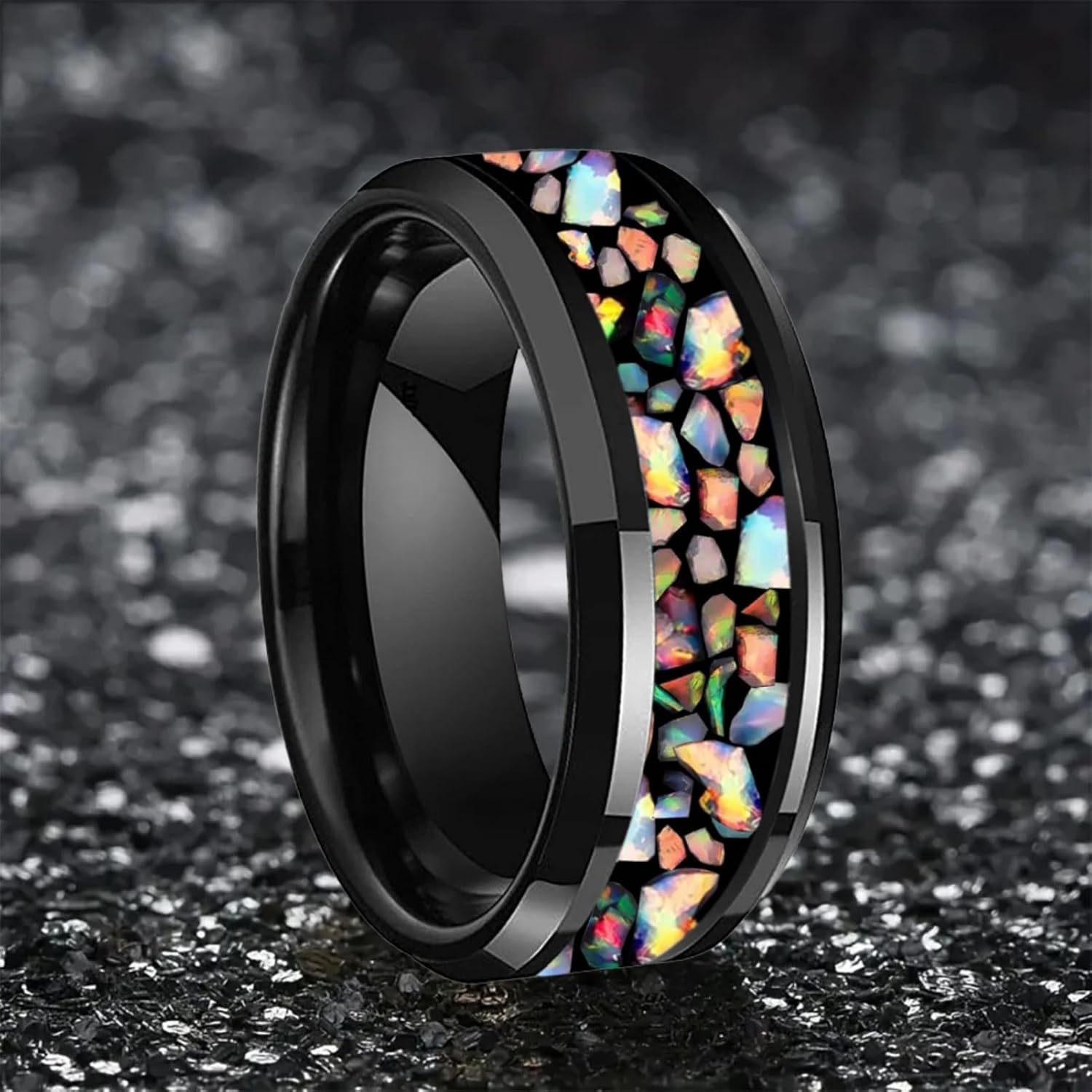Crushed Fire Opal Inlay Pipe Cut Polished Black Tungsten Ring for Men Women Engagement Wedding Band