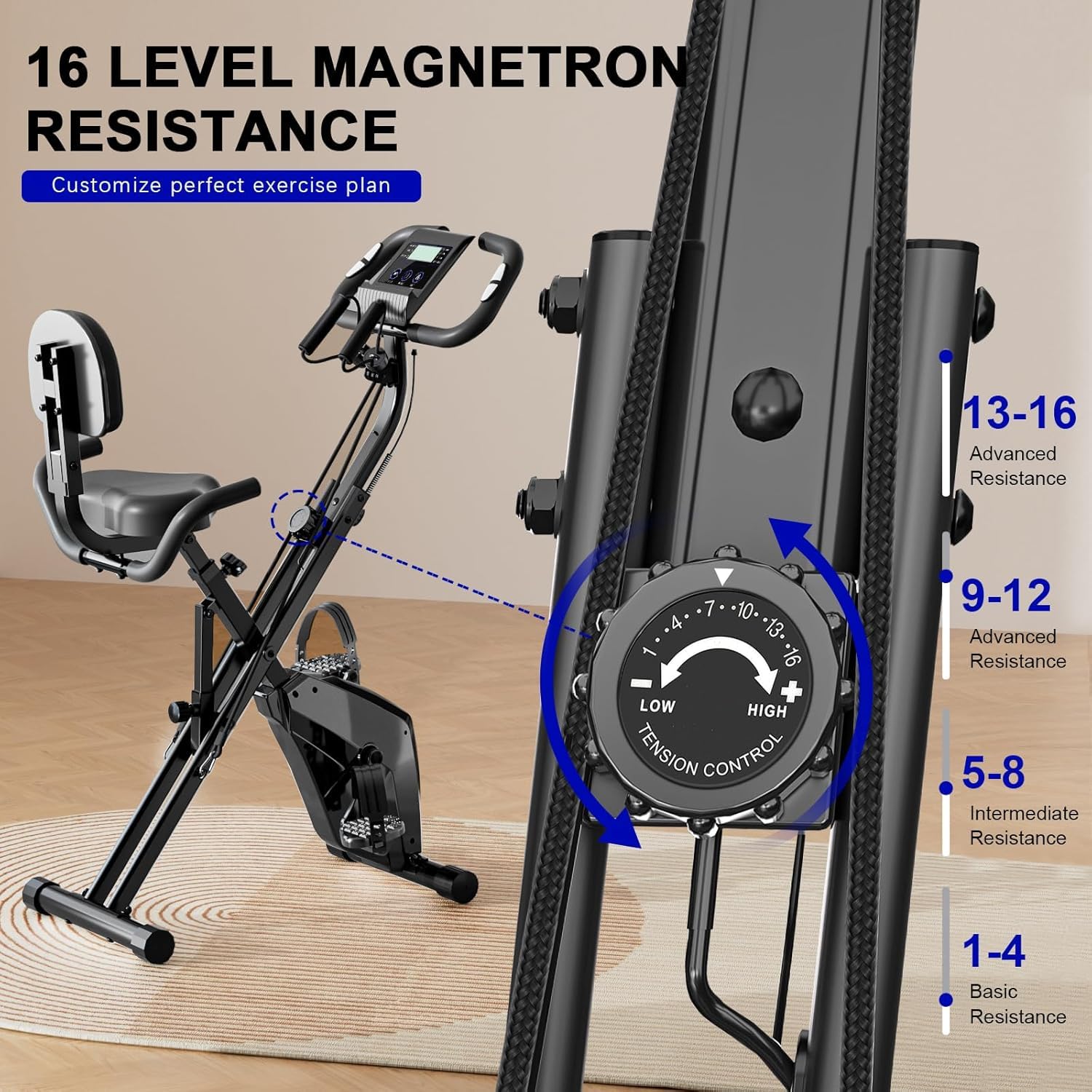 Dskeuzeew Cyclette Pieghevole da Casa 4 in 1, Bicicletta magnetica pieghevole, Cyclette 8 livelli di resistenza, monitor LCD e sensore di frequenza cardiaca