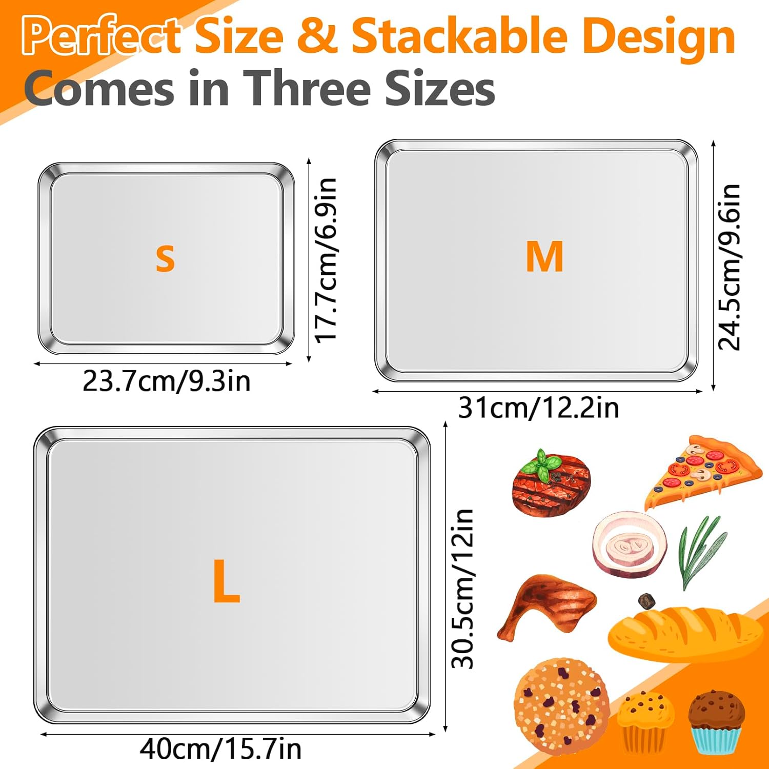 Baking Sheet Set of 3, Stainless Steel Baking Sheet Pan Set, Cookie Sheets for Baking, Cookie Tray for Roasting, Heavy Duty & Easy Clean & Dishwasher Safe, 9/12/16 Inch - Image 2