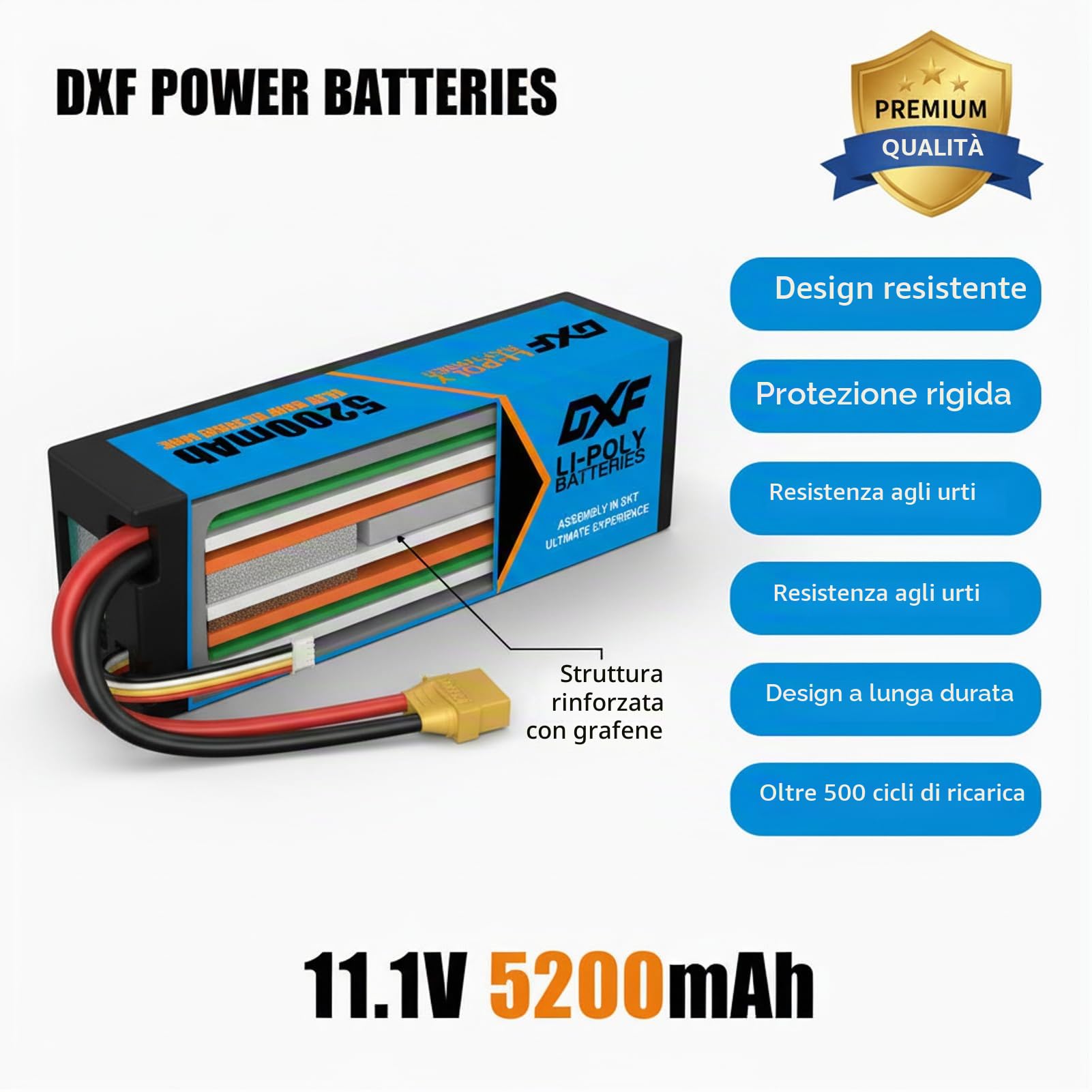DXF Batteria LiPo 3S da 11,1 V, 5200 mAh, 80 C, confezione da 2 pezzi con connettore XT90, batteria rigida per RC auto, camion, barca, elicottero, aereo, quadricottero, modellismo, scarica ad alte