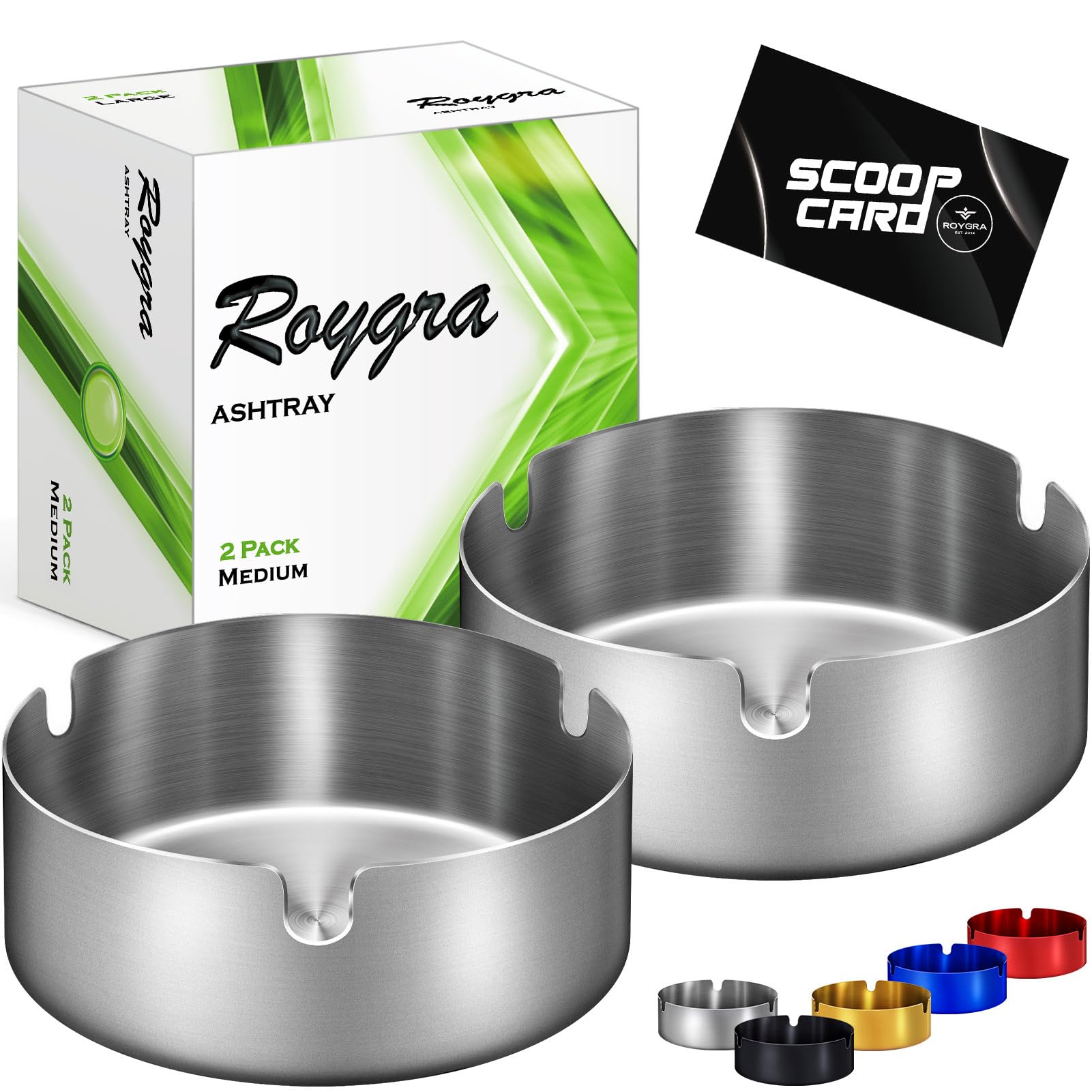 roygra Ash Tray (2 Pack), Outdoor Ashtray for Outside Patio, Stainless Steel Ashtrays for Cigarettes with 3 Holder, Smoking Accessories, Home Décor, Ashtrays for Smokers Indoor - Silver, Medium
