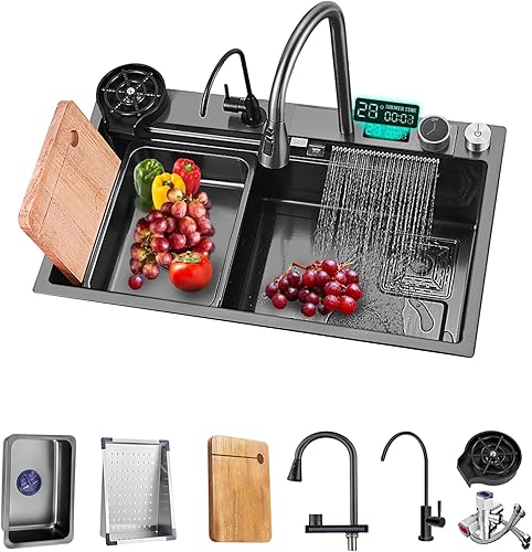 NOYHHAV Pantalla de temperatura Cocina cascada Fregadero de 29.5 pulgadas Fregaderos de cocina Fregaderos de cocina de acero inoxidable negro con disponible en Yaxa Peru