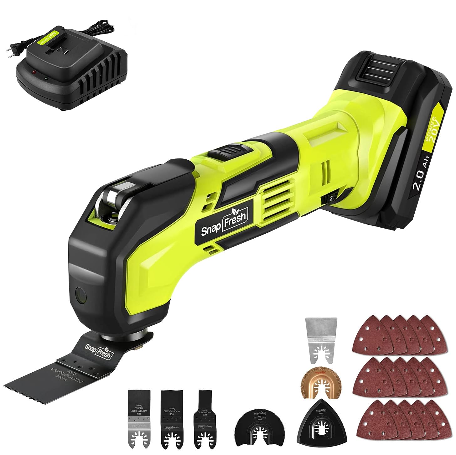 SnapFresh Utensile multifunzione a batteria Strumento oscillante kit senza fili 20V 6 velocità 5000-18000 OPM, angolo di oscillazione di 3,2 °, 22 accessori multitool multi-cutter sega oscillante
