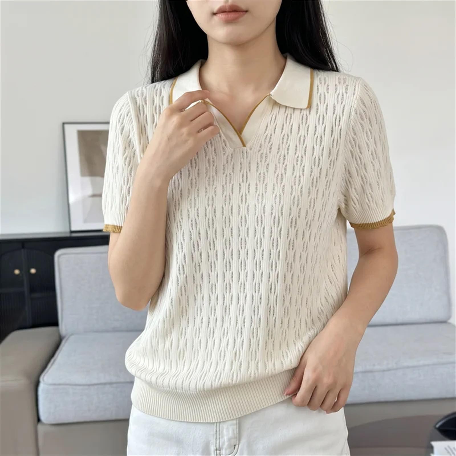 Polo da donna in cotone verde lavorato a maglia tinta unita manica corta casual pullover t-shirt
