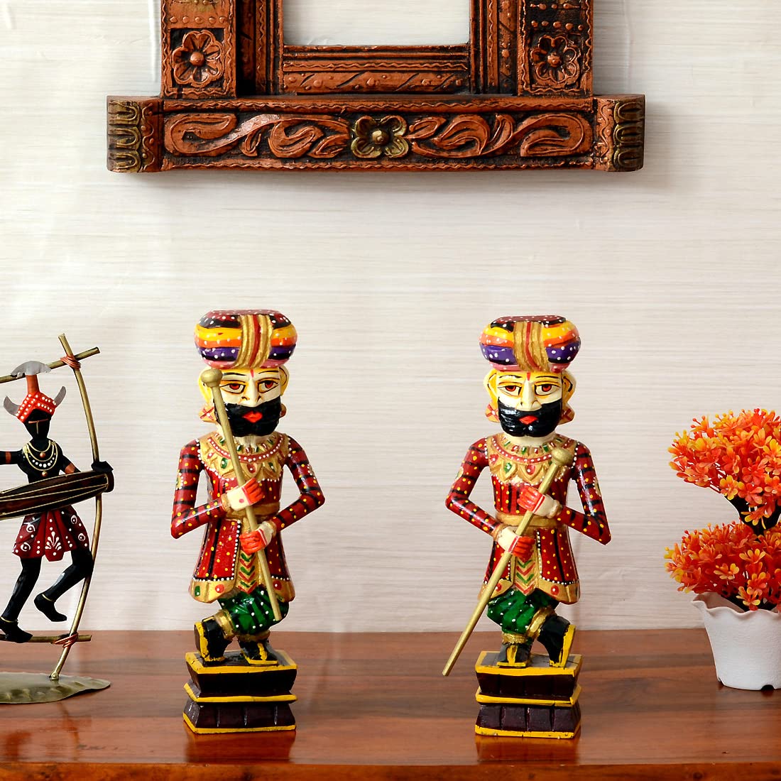 Wooden Handpainted Rajasthani Decorative Action Dwarpal/Chowkidar/Watchman/Gatekeeper/Royal Guard/Figurine Set Of 2 For Home Decor(Multi)(12 Inches)