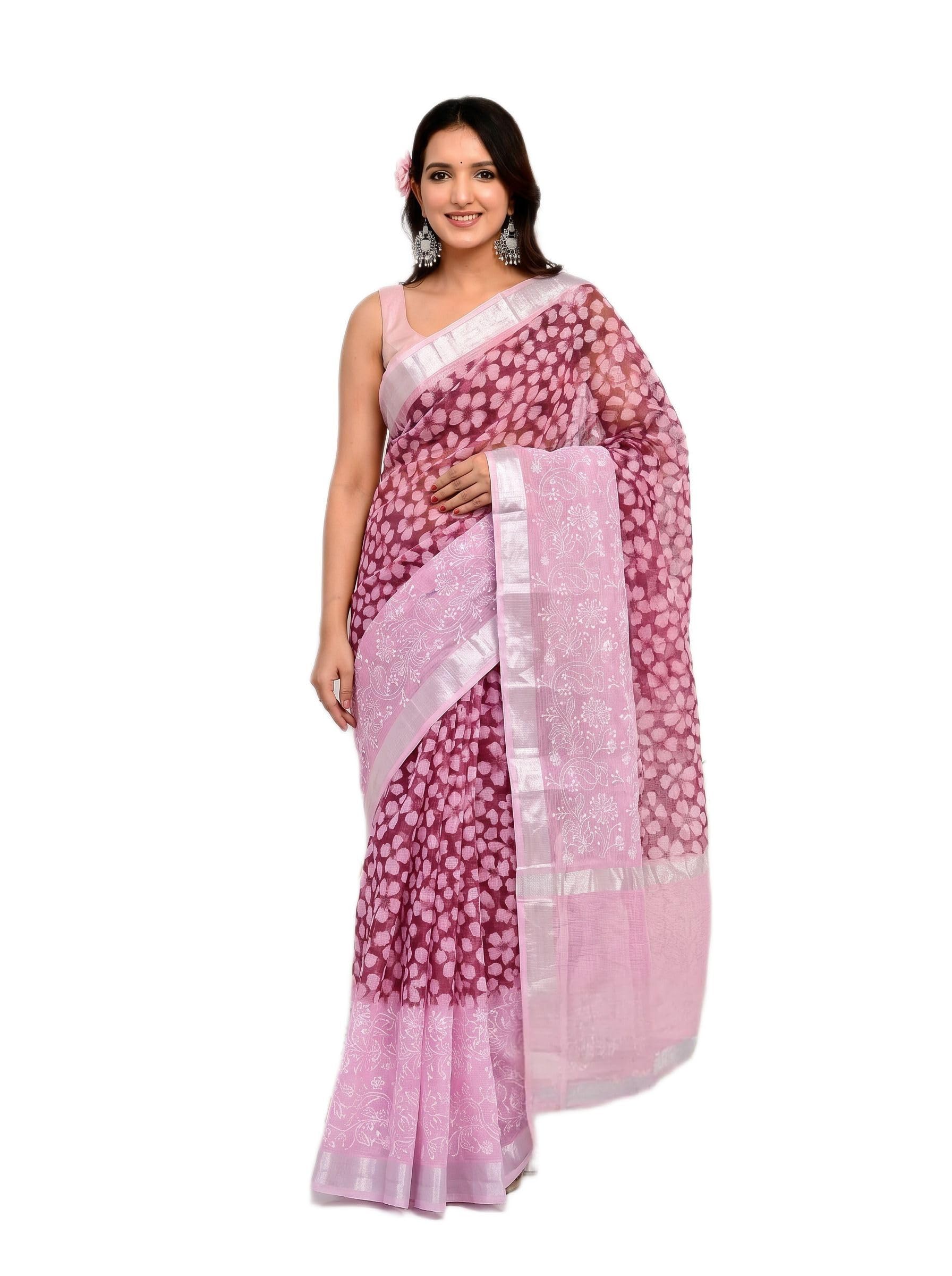 Floral Print, Embroidered, Printed Kota Doria Cotton Blend Saree (Pink) | Traditional Indian Ethnic Wear for Women | Lightweight Comfortable Fabric | Elegant Design-image-20