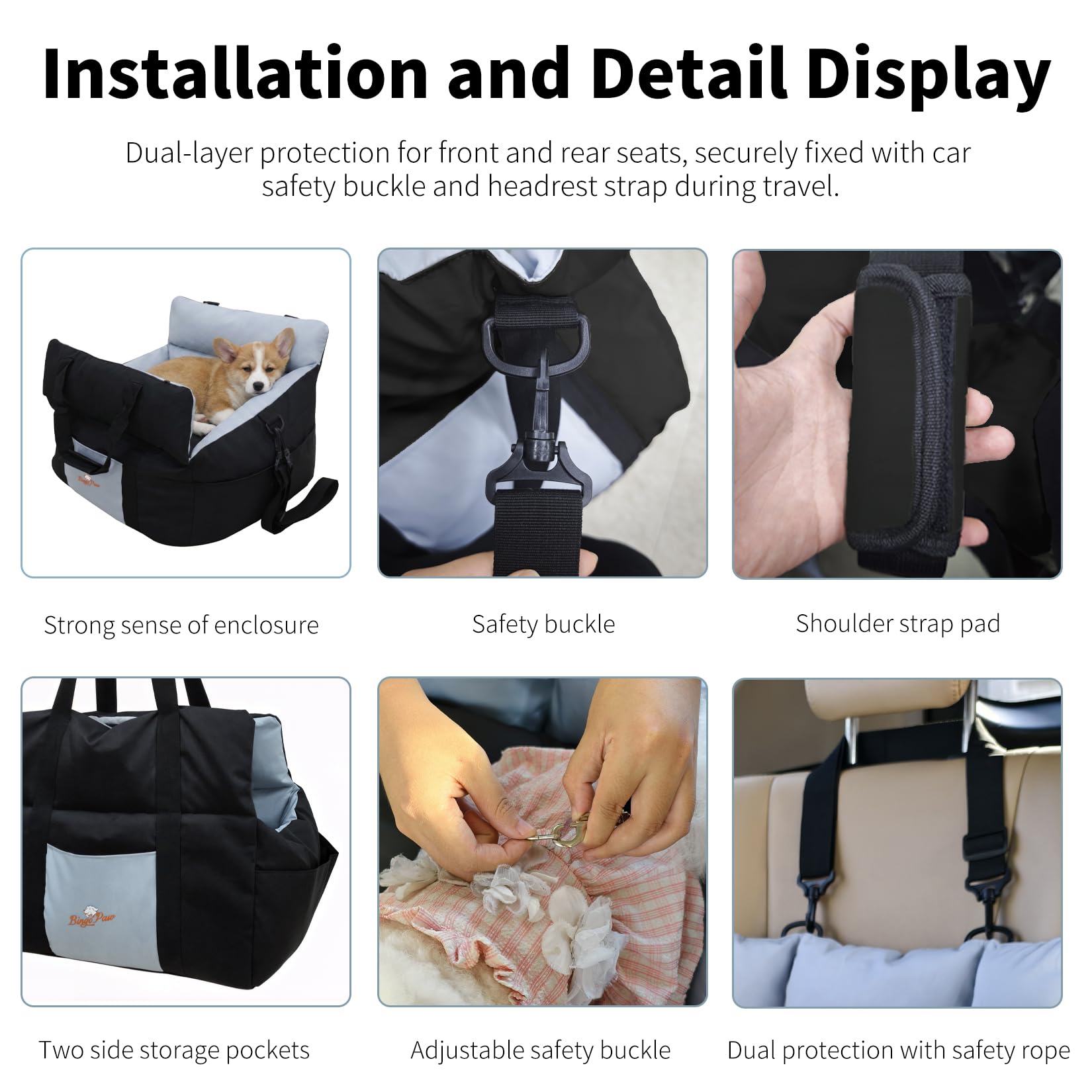 BingoPaw Siege Auto Chien Voiture: Panier Voiture Portable pour Chiens de Petite à Moyenne Taille avec Détachable et Lavable Coussin, Noir