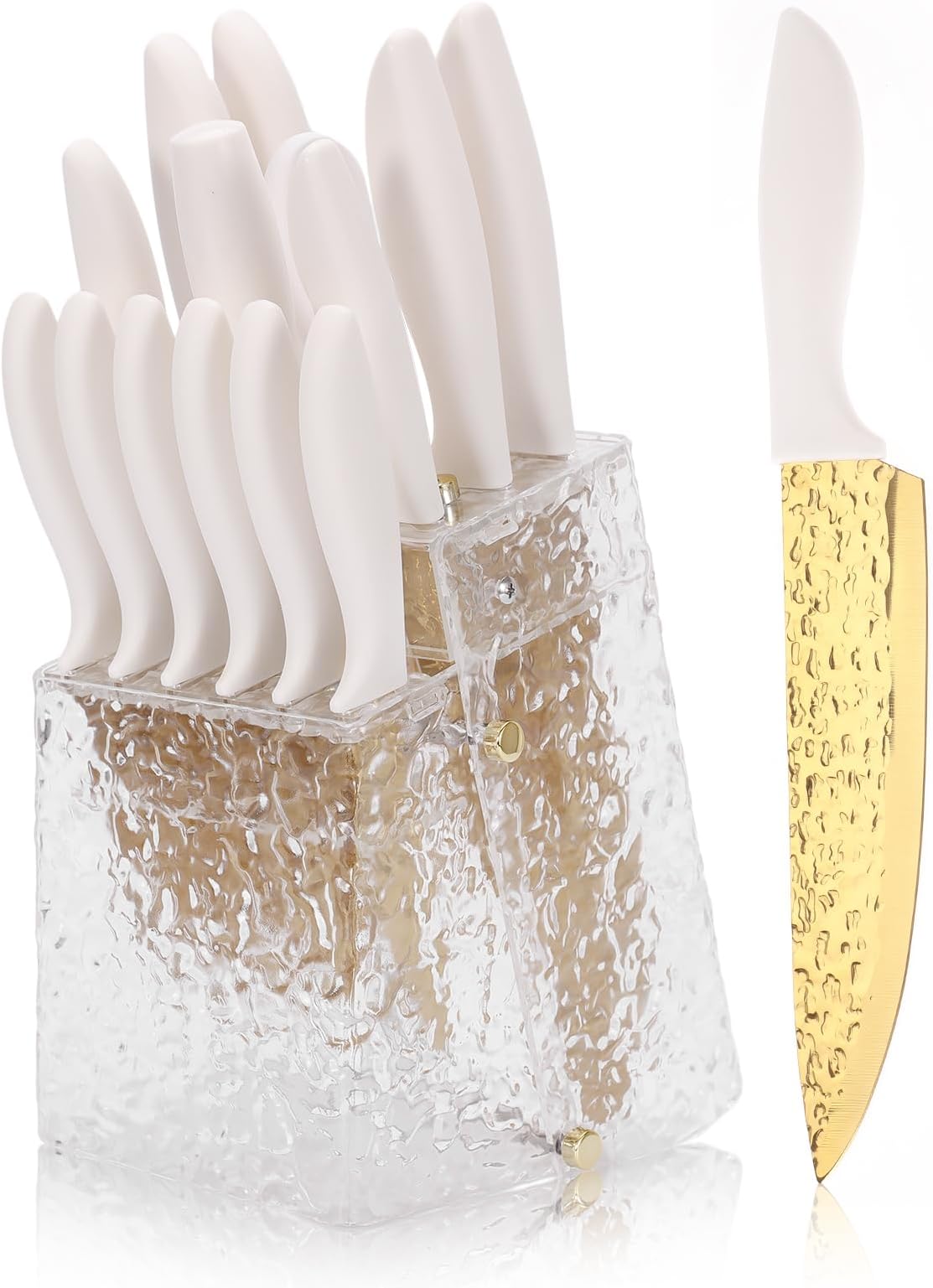 Kitchen Knife Set Non Stick Knives Set with Block Cutlery Knife Block Sets, Serrated Steak Knife, Scissors and Sharpener, 15Pcs Stainless Steel Chef Sharp Quality with Gold Blade for Home & Pro Use