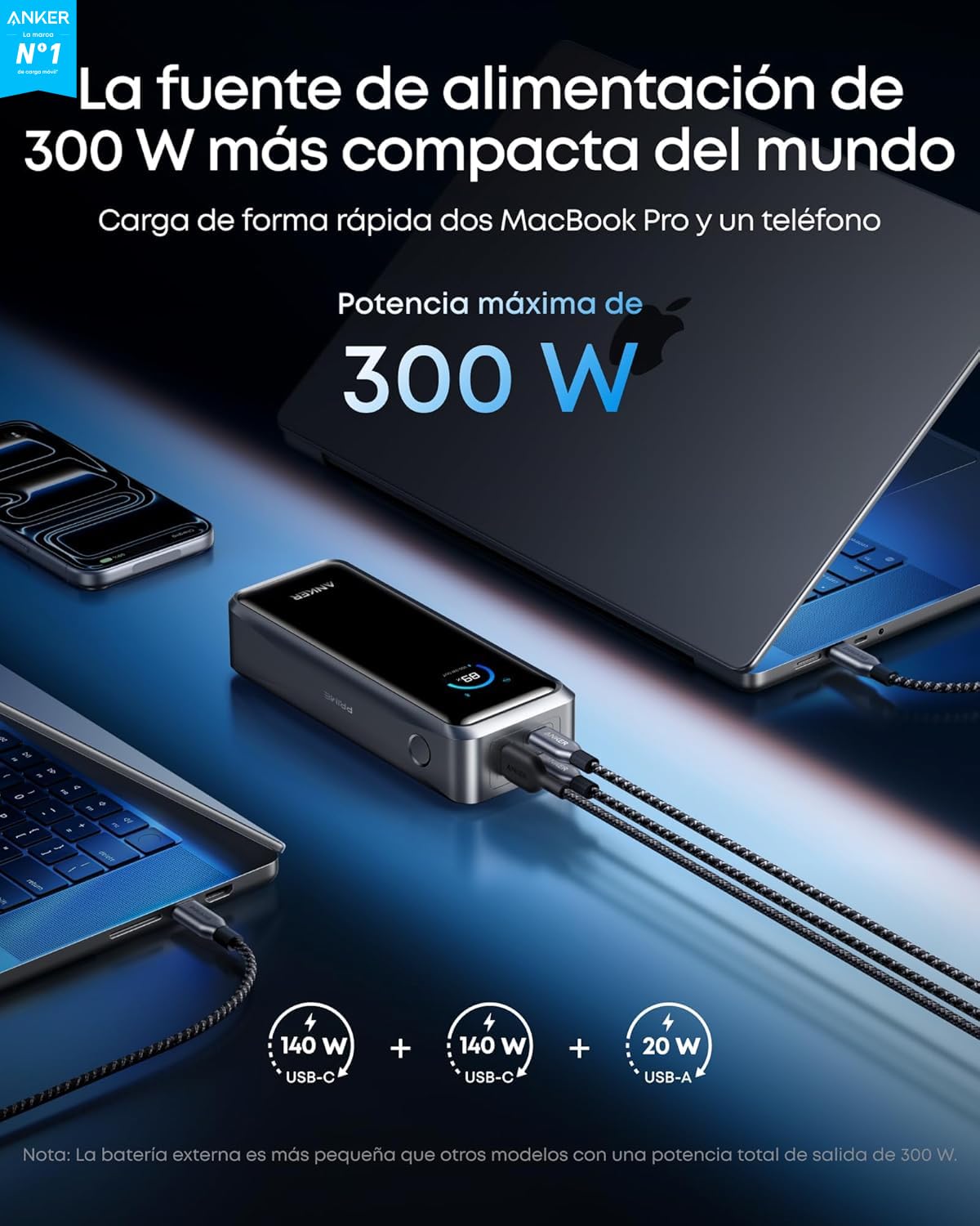 Anker Prime Power Bank 26.250 mAh, 300 W, 3 Puertos | Carga bidireccional, homologación TSA, control por app, para MacBook e iPhone 17/16. Base no incluida