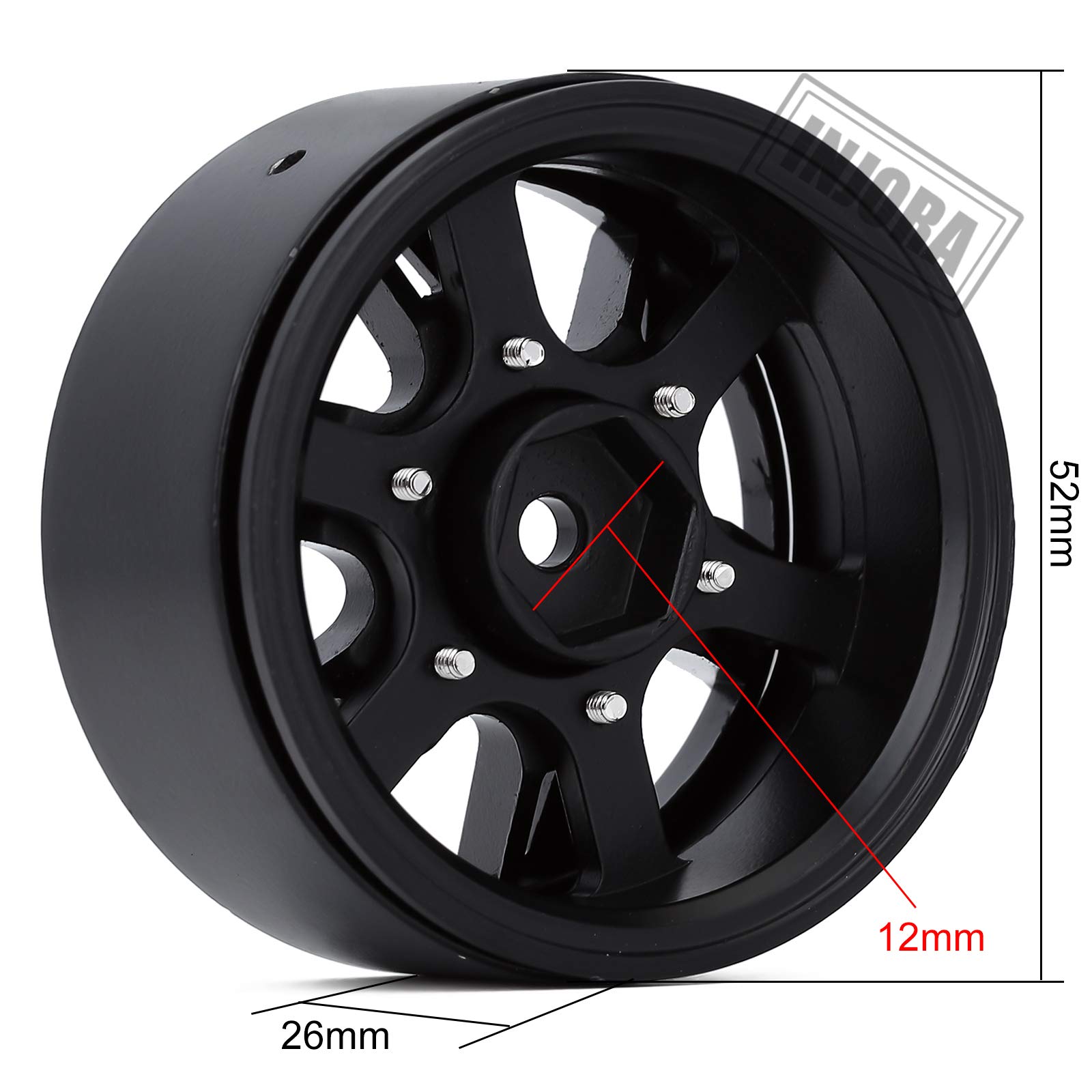 Lot De 4 Jantes 1,9″ Métal INJORA – Beadlock – Pour Crawler RC 1/10 – Noir – 52mm, Hex 12mm – Compatible TRX4, SCX10