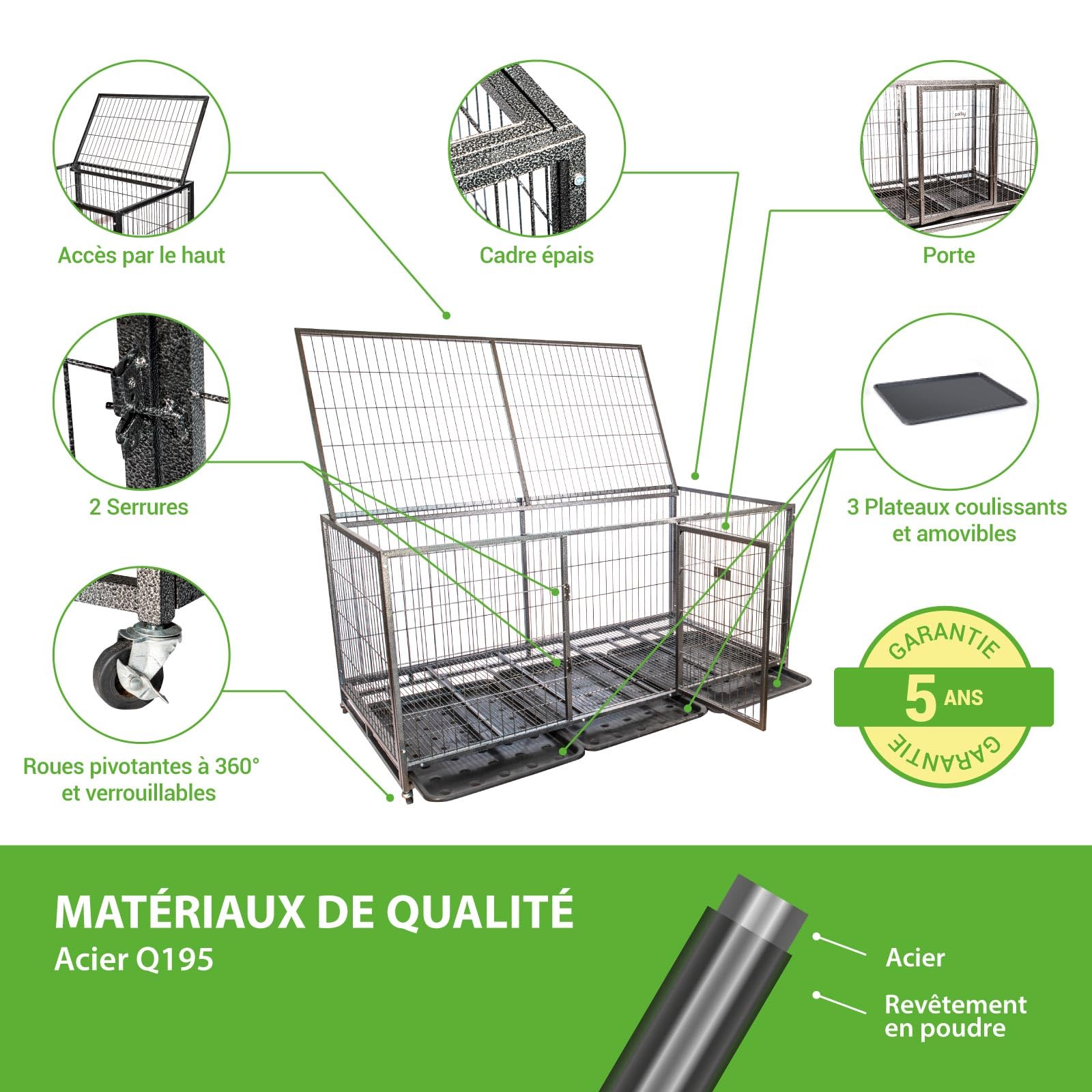 Cage pour Chien intérieur et extérieur Mouvedy2XL, 180x93x89cm, Caisse de Transport, Roues verrouillables, Pliable, 2 Portes, Plateau Amovible Paitsy