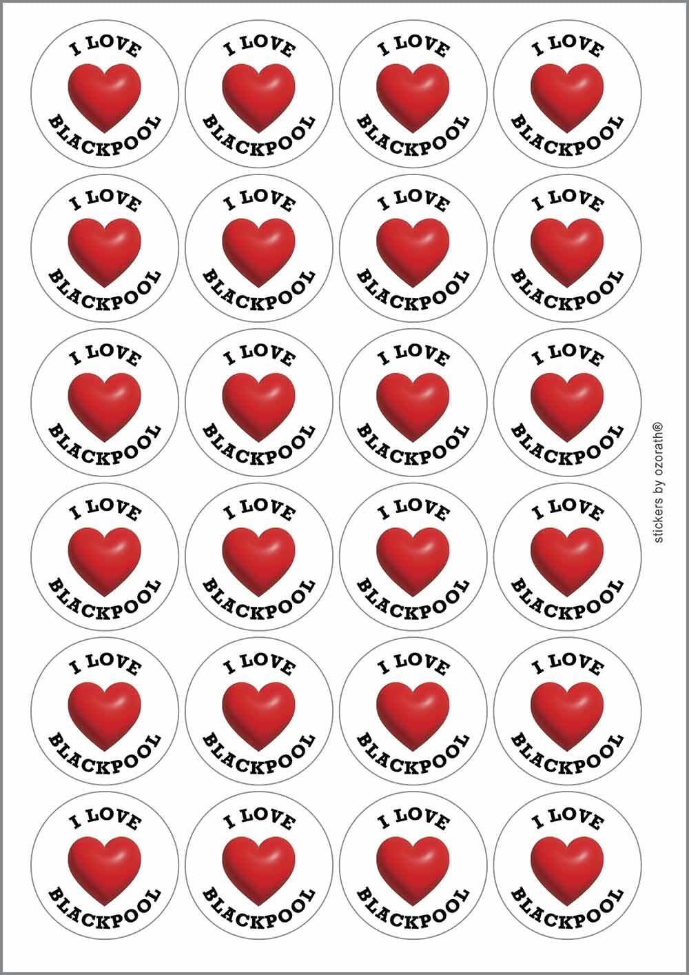 I Heart Love Blackpool Location Circular Matt Paper Stickers A4 Sheet of 24 (Each Sticker is 45mm Diameter)