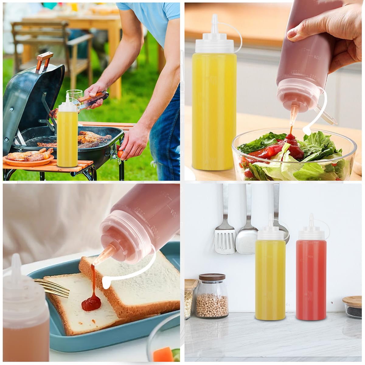 Squeeze - Bottiglia di salsa, 3 pezzi, 500 ml, in plastica, con cappucci, senza BPA, senza perdite, dosatore, per bottiglie di ketchup, dispenser per salsa, bottiglia per spezie