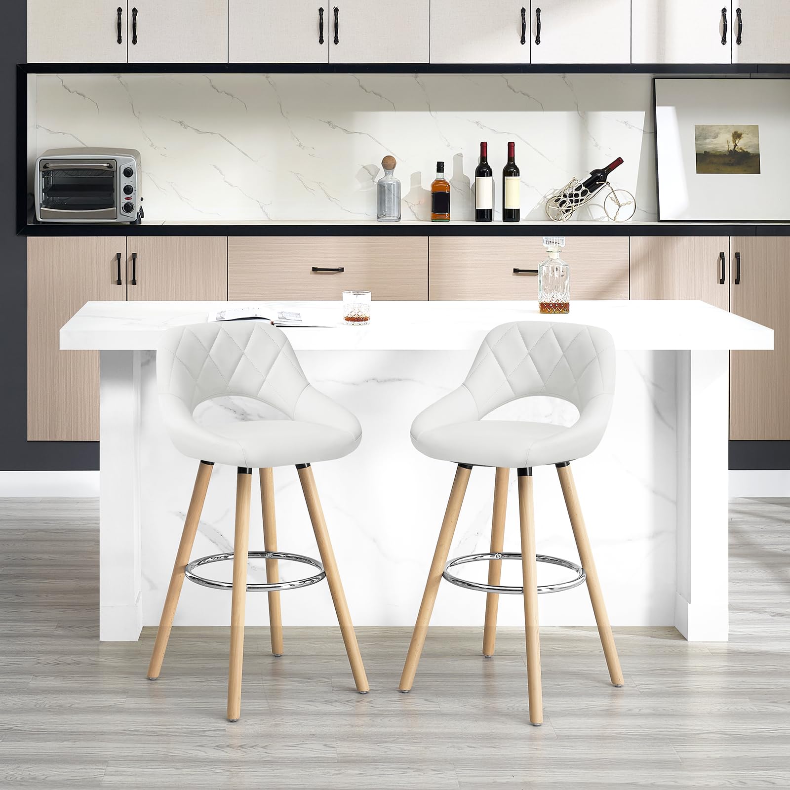 WOLTU Juego de 2 Taburetes Altos con Respaldo Ahuecado y Reposapiés, para Bistro, Cafeteria y Cocina, con Funda de Piel Sintética y Patas de Madera, Blanco