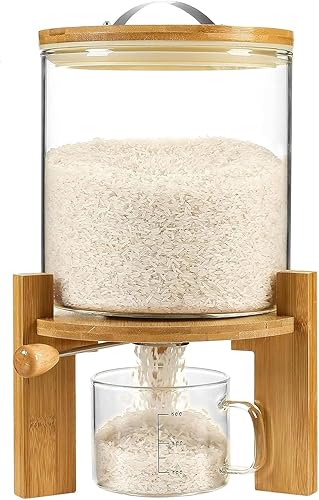 Dispensador de arroz de 5 L, cubo de vidrio dispensador de granos, dispensador de cereales para cocina y organización de despensa, recipiente grande