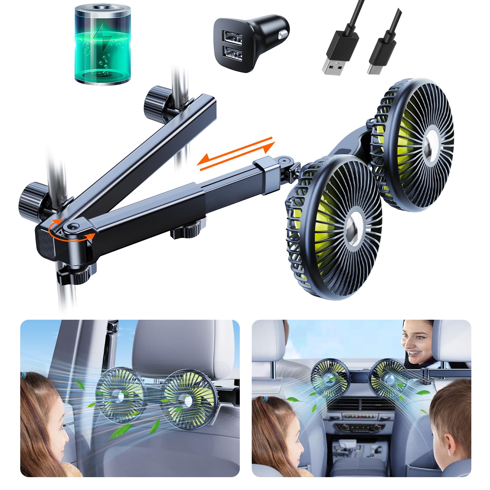 Dual Head Car Cooling Fans for Backseat kids with Long Arm, 2000mAh Battery Powered Rechargeable Car Back Seat Headrest Fan for Baby Dog Rear Facing 12V Car Accessories for Sedan Suv Rv Truck