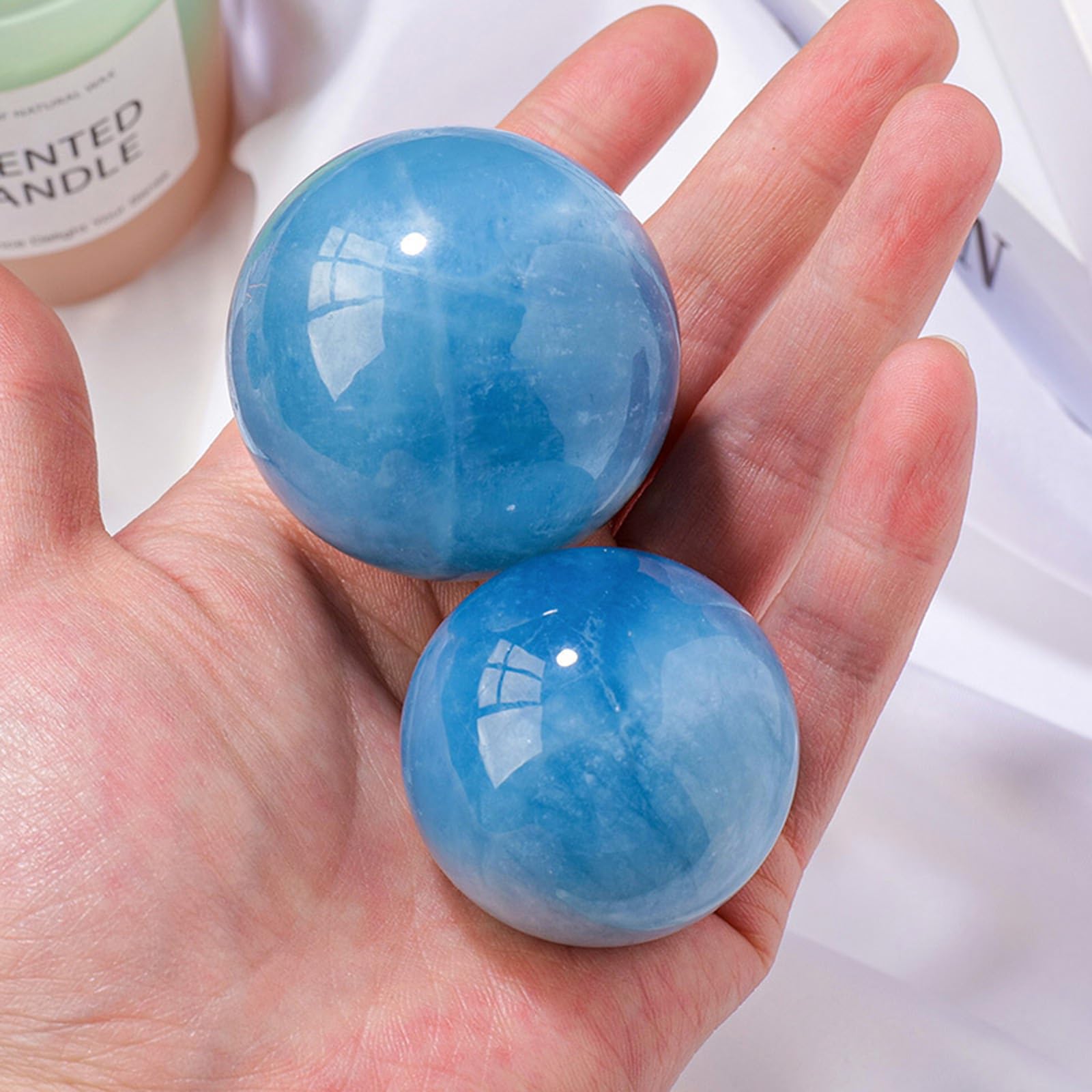 Bola de Cristal de Aguamarina con Soporte de Madera, Orbe de Esfera de Cuarzo de Cristal Natural Hecho a Mano para Meditación, Feng Shui, Adivinación, Magia, Decoración del Hogar,45~50mm