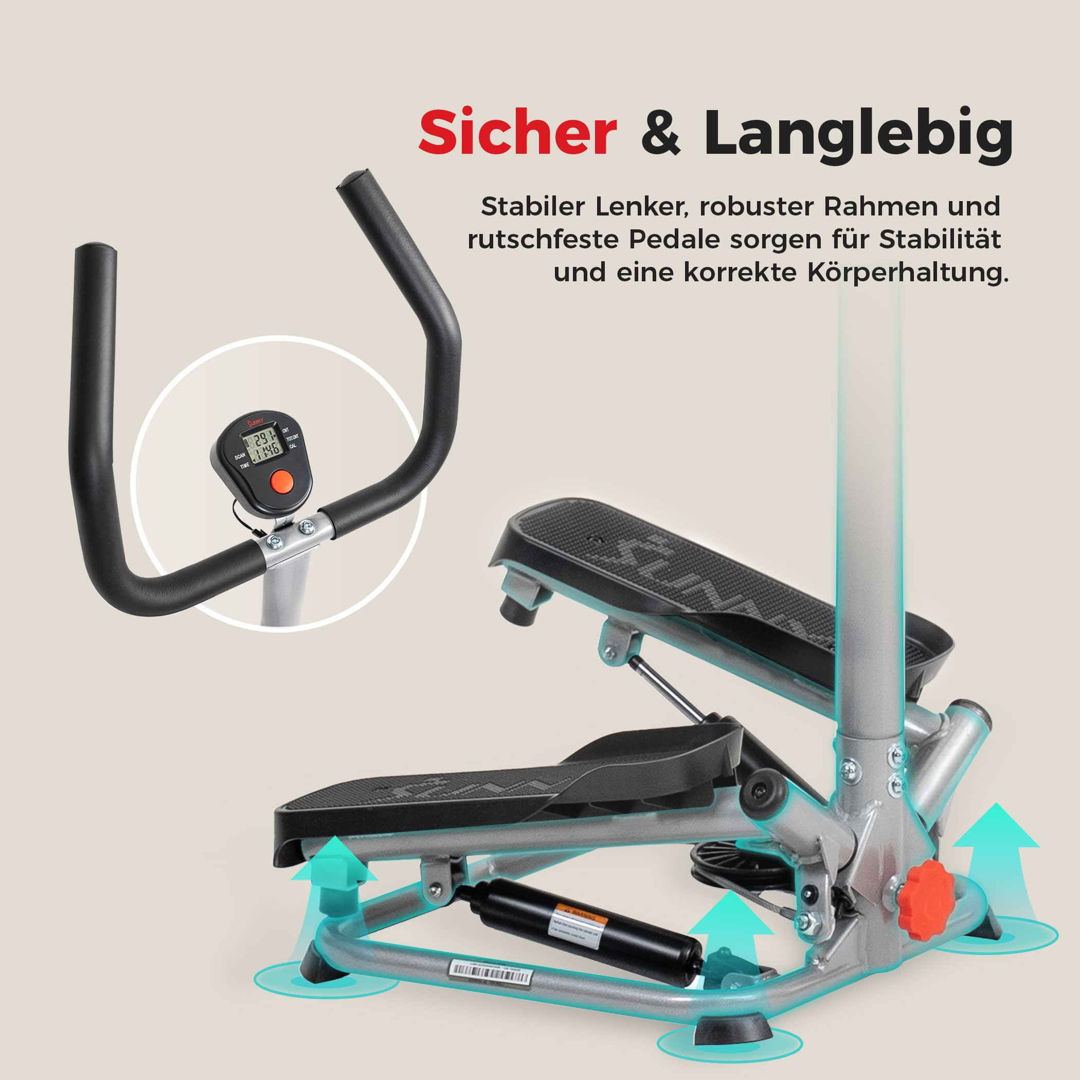 Sunny Health & Fitness Stair Stepper mit Lenker, Stairmaster für Zuhause, Gelenkschonendes Cardio-Training, Optionaler Twist-Bewegung, Widerstandsbändern und Kostenloser SunnyFit App-Verbindung