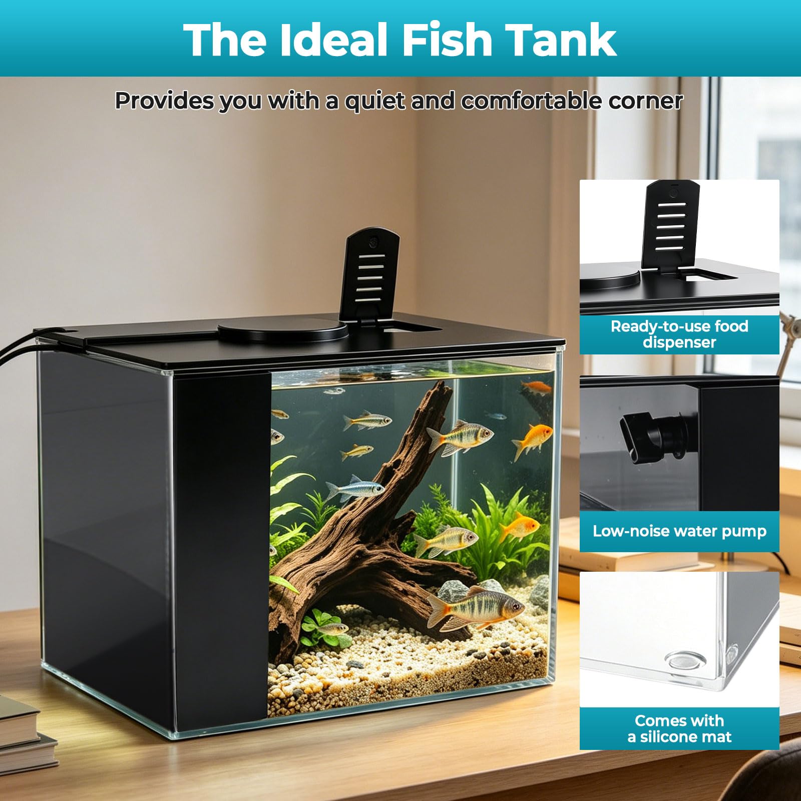 Betta Fish Tank, pequeño acuario de plástico con cubierta y luz LED, kit de inicio de acuario con sistema de filtro, mini pecera de escritorio para camarones Betta