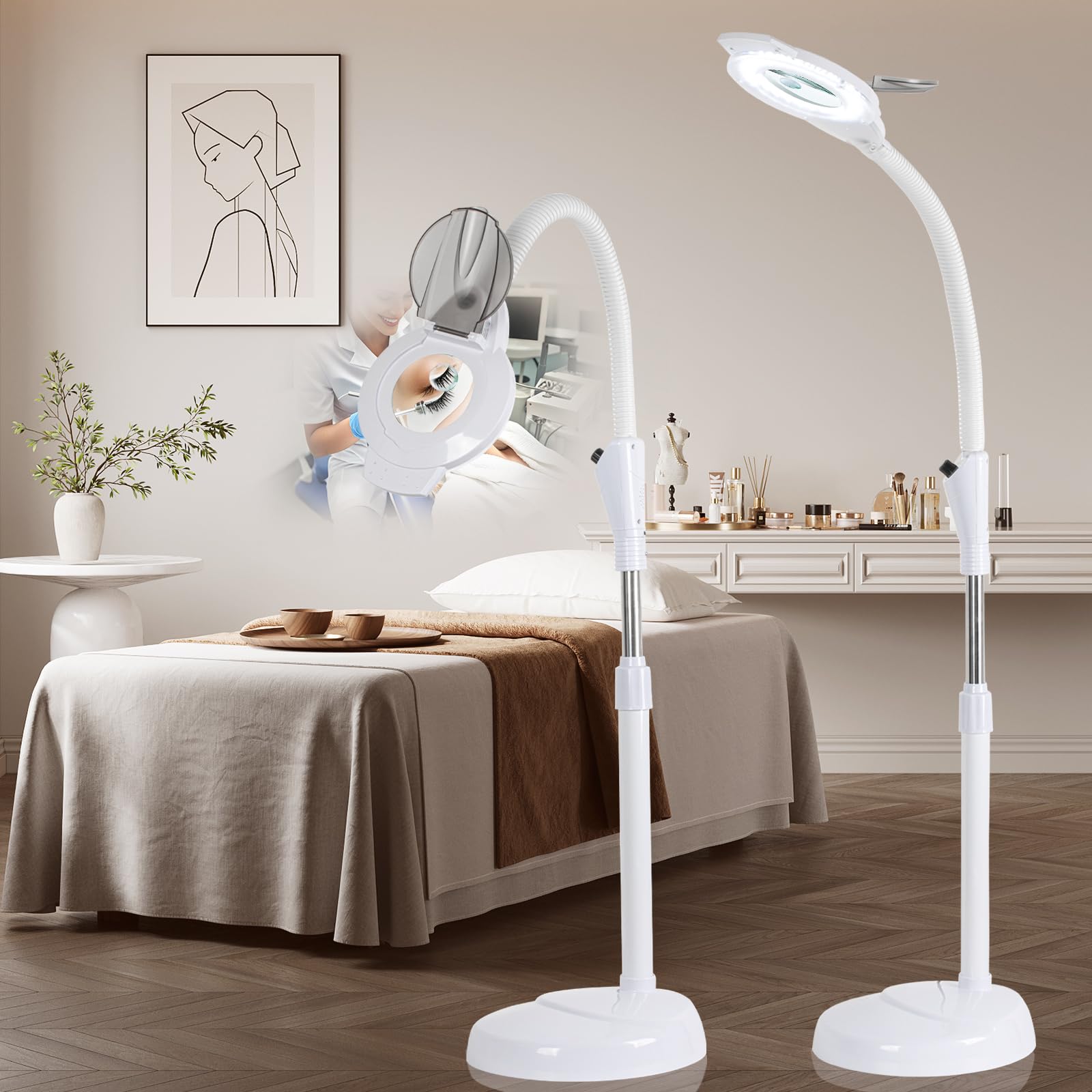 Lámpara con lupa de 10 y 30 aumentos para cosmetólogos, 2500 lúmenes, cuello de cisne flexible, regulable sin niveles, lámpara LED de pie para extensión de pestañas, tatuajes, manualidades