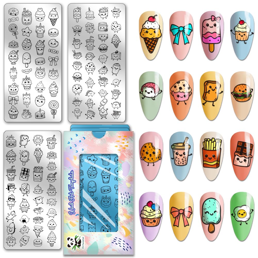 PH PandaHall 3 placas de estampado de uñas de dibujos animados, lindas plantillas de arte de uñas de postre para bebidas, cupcakes, helados, plantillas de placa de acero inoxidable con herramienta