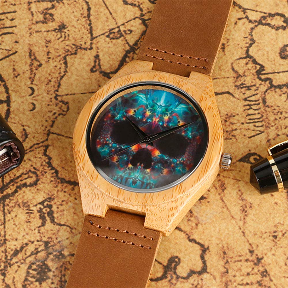 CAIDAI&YL Exhiba el Reloj de bambú del Cuero del Movimiento del Cuarzo de los Relojes de los Hombres de Madera Natural del dial Redondo , D