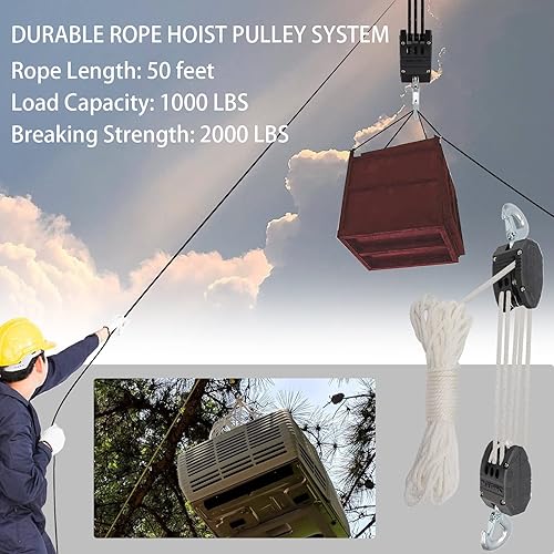 Miniatura 25 de XSTRAP - Polipasto para cuerda de 50 pies, 2,000 libras de resistencia a la rotura, para trabajos pesados Negro de 65 pies con eslinga de elevación