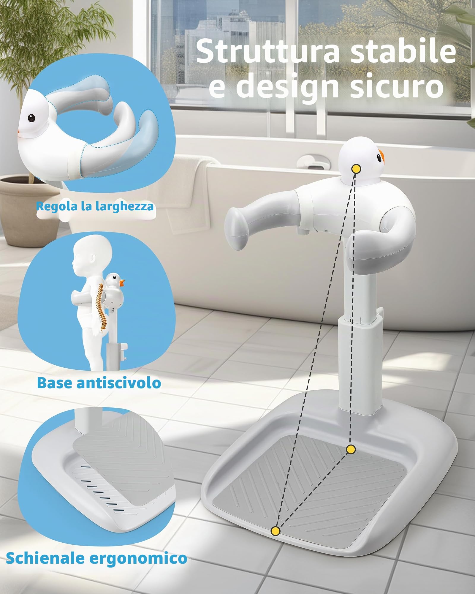 Struttura regolabile in altezza con sedile: cabina doccia con sedile per bambini dai 6 mesi in su. Base antiscivolo e design anatra