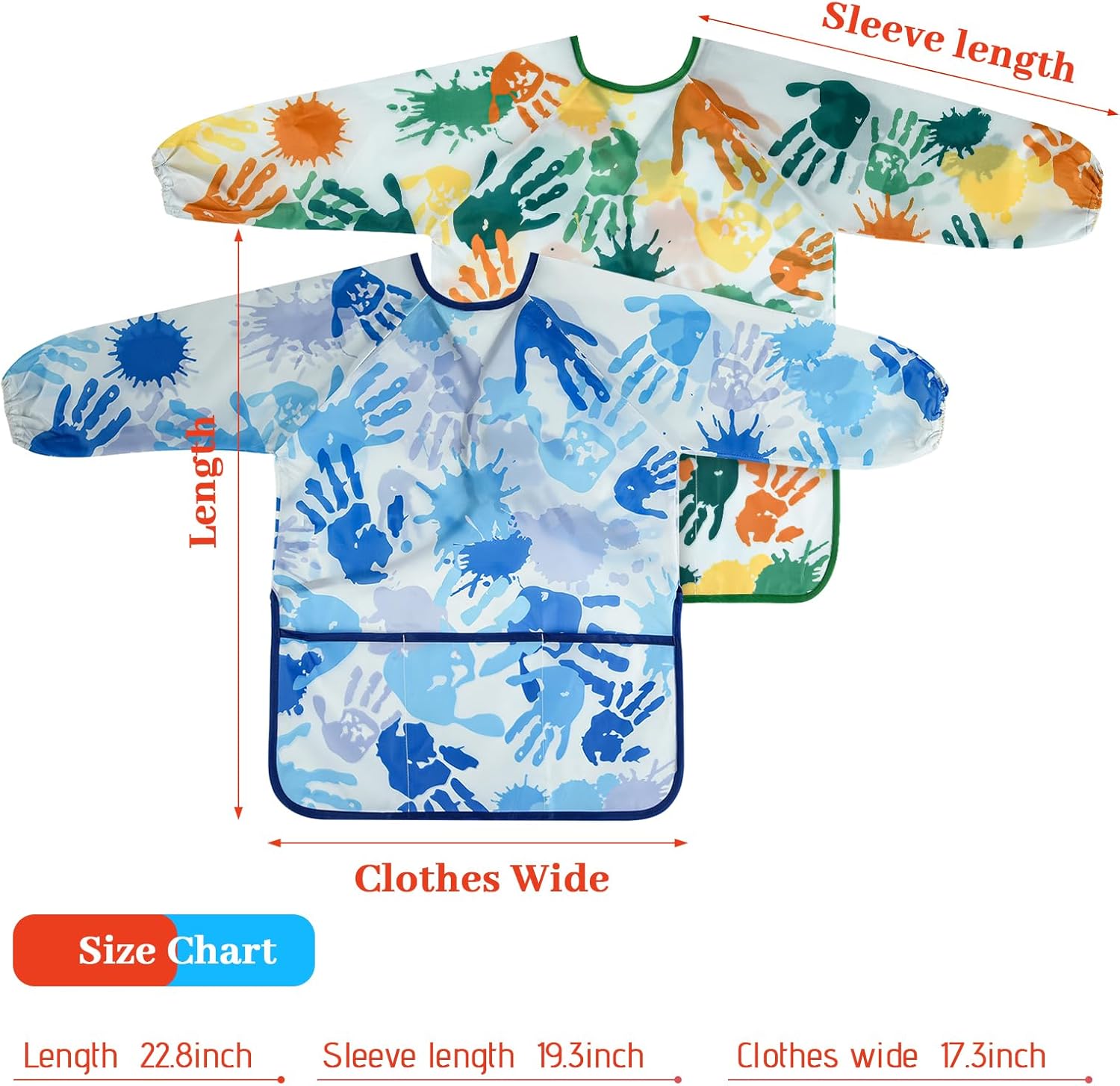 2 Pcs Kids Art Smock Painting Toddler Smock Long Sleeve with 3 Pockets for Kids Art Painting Activity Kitchen Crafts (Blue, Green)