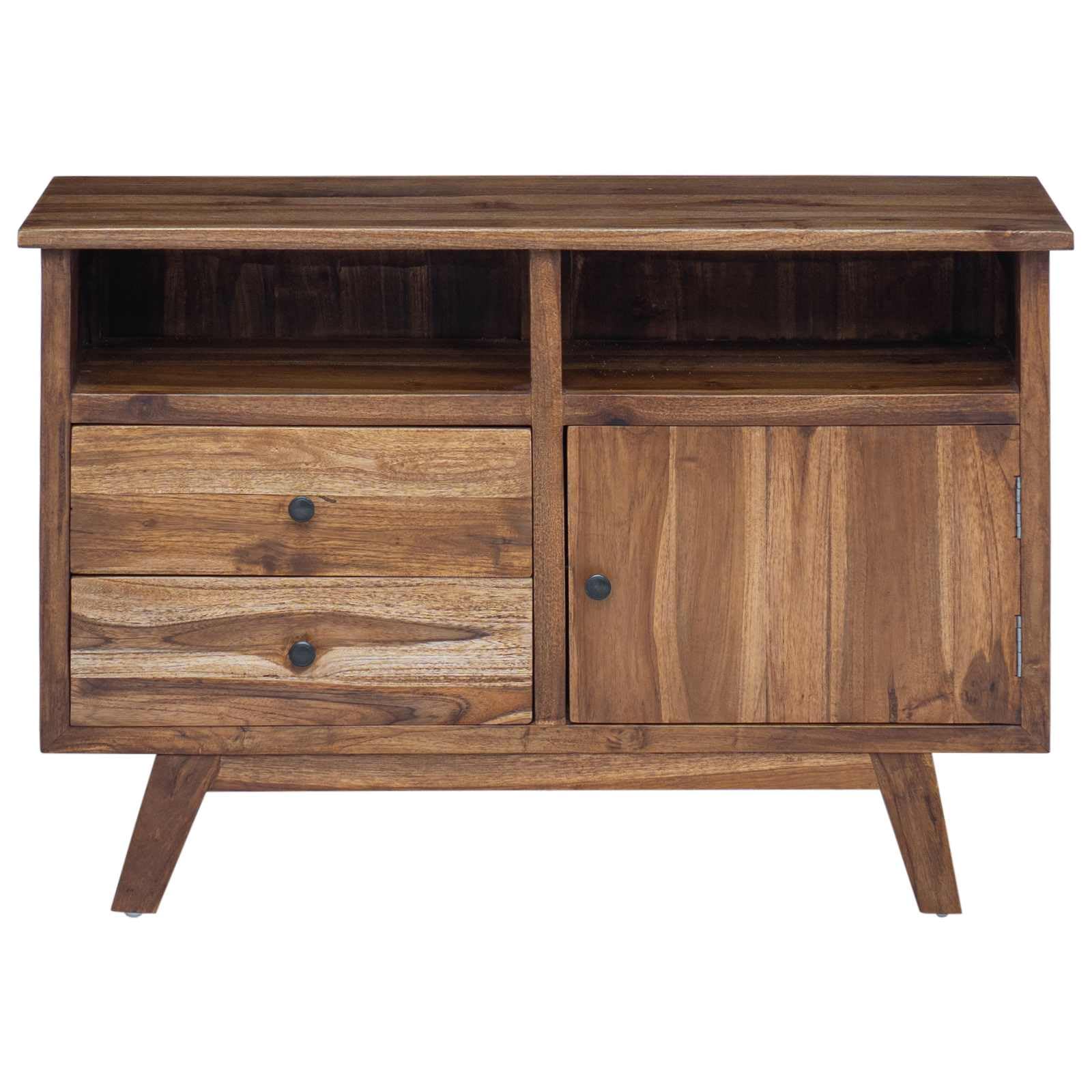 Aparador de teca 100 x 30 x 68 cm madera maciza natural con 2 cajones y puerta, cofre vintage grande para salón, comedor, cocina o pasillo