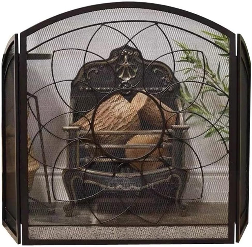Fireplace Screen Retro Iron Fireplace Screen American Style Carved Three Fold Fire Retardant with Hollow Mesh Fence Fireplace Fire Screen
