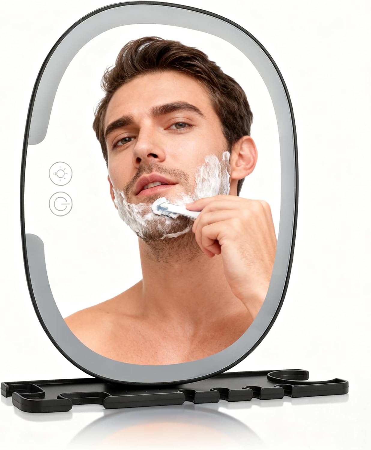 ZJchao Lighted Fogless Shower Mirror for Shaving, White Warm Neutral Light Adjustable HD Anti Fog Wall Mounted Mirror with Built in Shelf and Hooks, 3 Lighting Modes