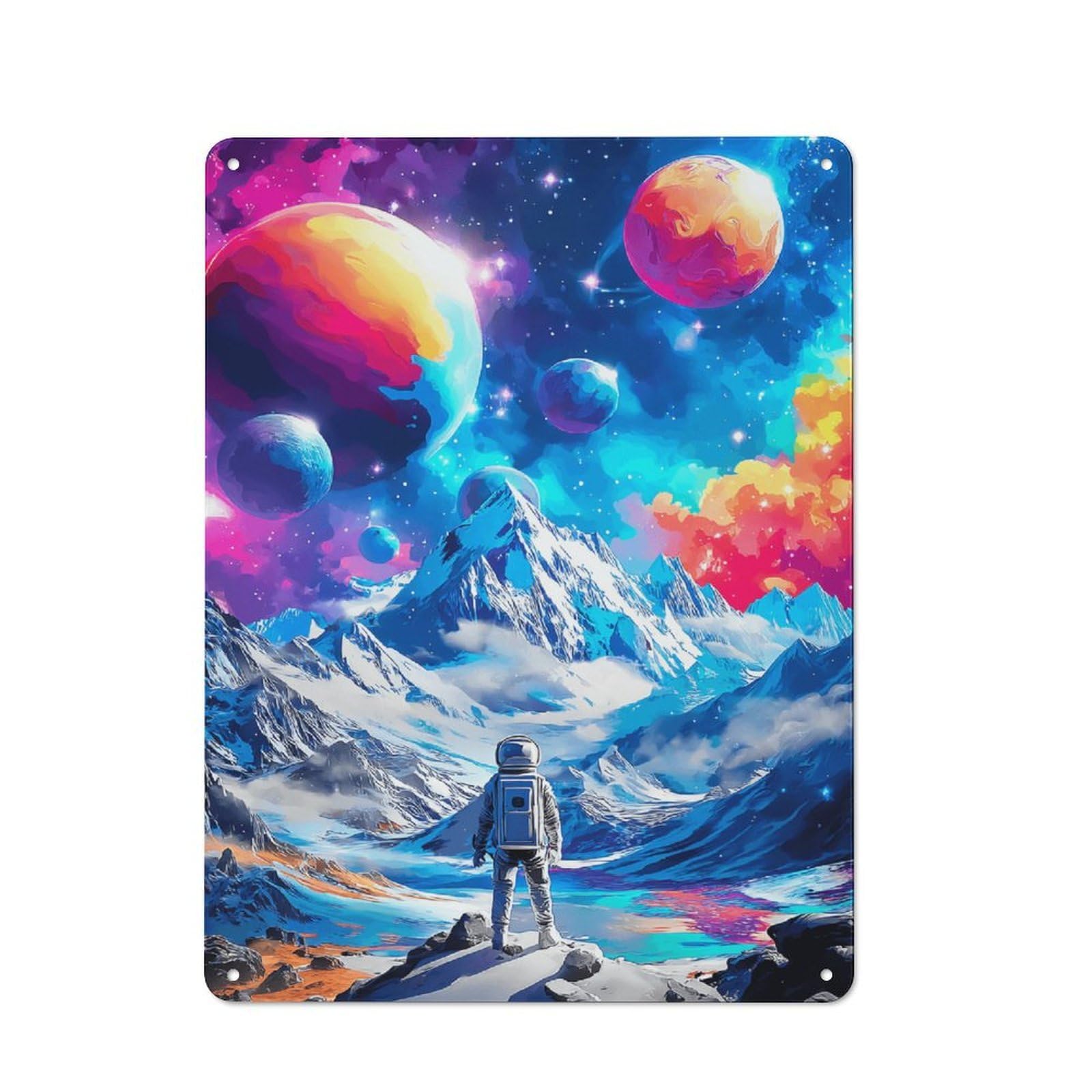 Junmoney Astronaut Gazing At Colorful Planets Warehouse Style Tin Wall Sign 40X30cm Featuring Loft Wall Plaque For Loft, Studio, Office Or Creative Room