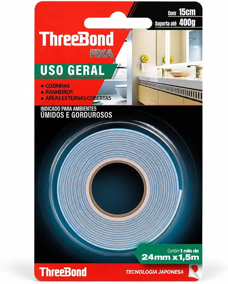 Fita Dupla Face Cozinha Banheiro ThreeBond |Tamanho 24mm x 1,5M | Suporta 400g em 15cm | Ambiente Úmido e Gorduroso