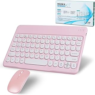 Wireless Bluetooth Keyboard and Mouse Set, Portable Slim Rechargeable Cordless Keyboard and Mouse Combo Compatible with iPad/Mac/Macbook/Android/Windows/PC/Computer, Round Key-Pink…