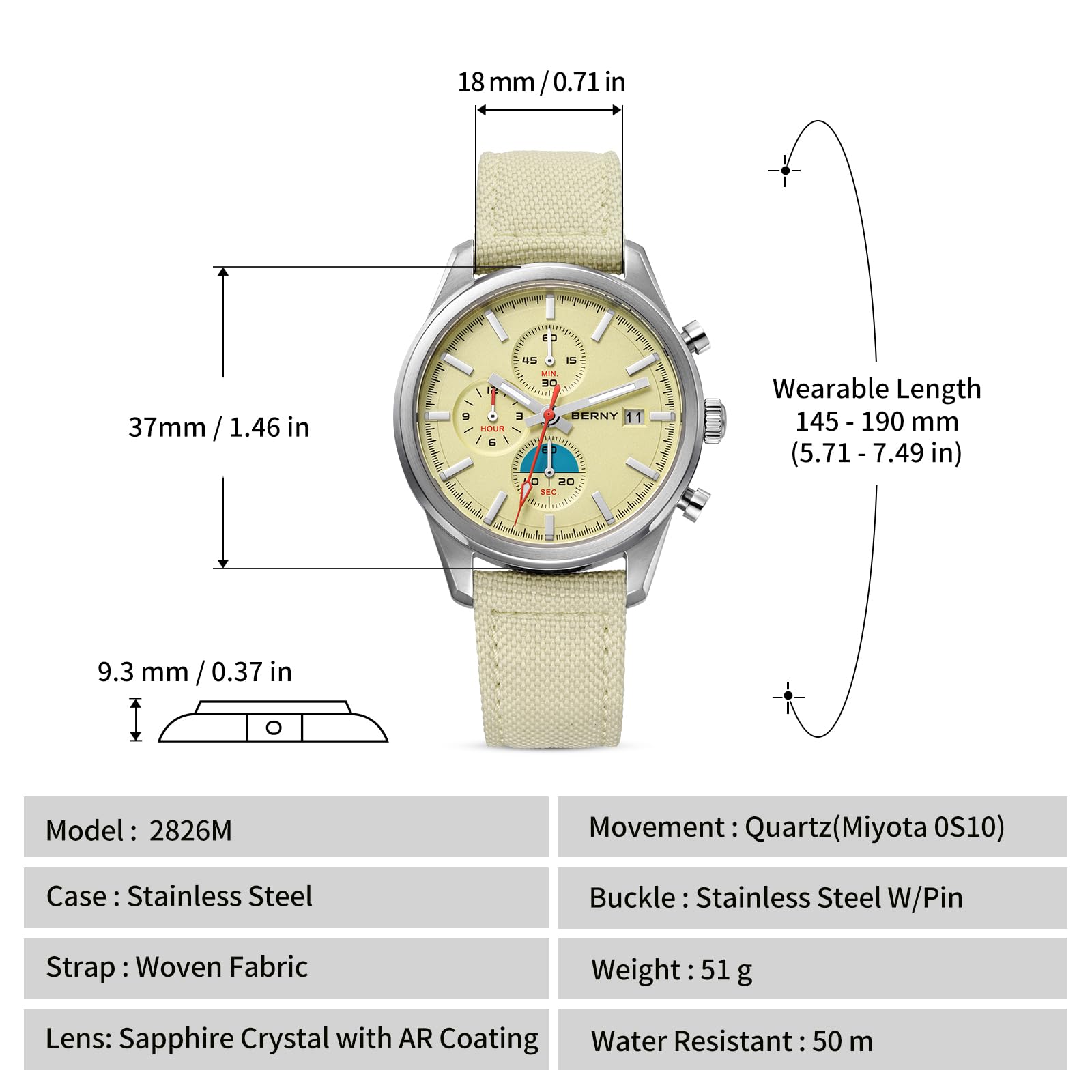 BERNY Reloj cronógrafo para hombre, resistente al agua hasta 50 m, reloj de cuarzo analógico masculino, reloj de pulsera multifunción, cronómetro AR cristal de zafiro