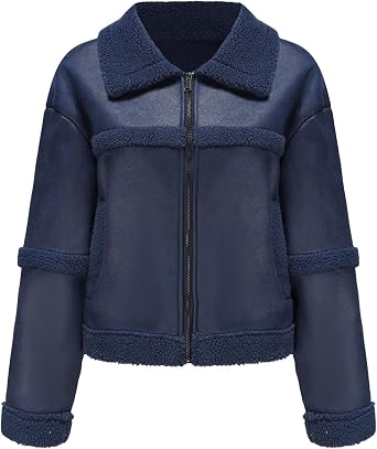Women Faux Leather Suede Jacket Winter Long Sleeve Furry Trim Parka Moto Biker Sherpa-Lined Coat with Fur Collar