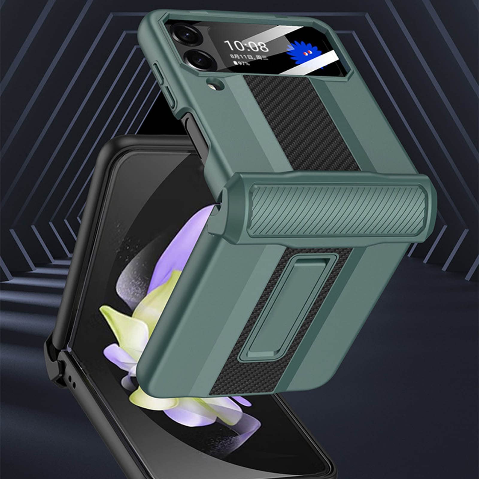 Etui do Samsung Galaxy Z Flip 4, ochrona zawiasów, wytrzymałe etui pancerne z ochroną aparatu i podpórką, odporne na wstrząsy, odporne na zarysowania, czarne