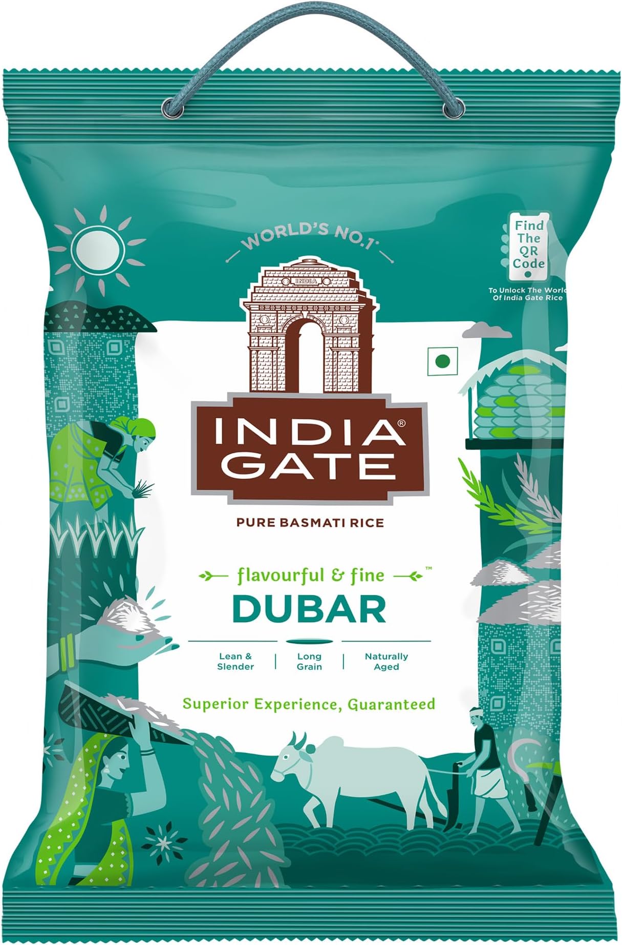 Dubar Pure Basmati Rice • Lean and Slender • Long Grain • Naturally Aged, 176.37 oz ℮ 11.02 lbs ℮ 5 kg أرز إنديا جيت دوبار بسمتي نقي