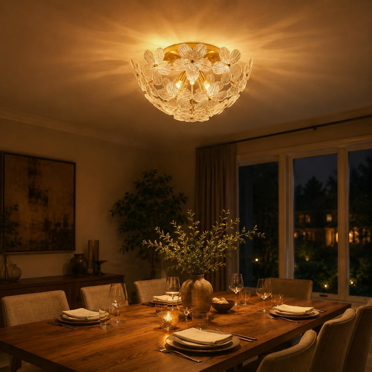 Flush Mount Ceiling Light 19" Gold Glass Flower Chandelier with 16 Petals