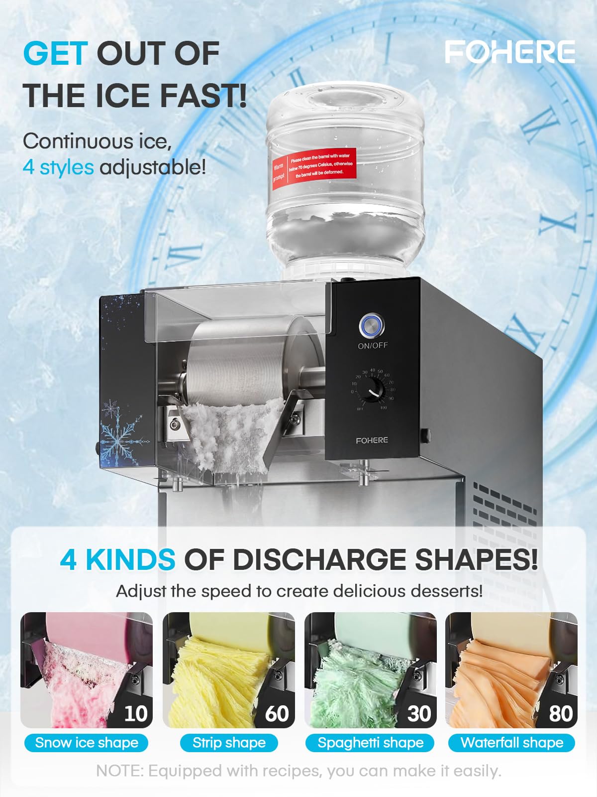 FOHERE Commercial Snowflake Ice Machine, 176 LBS/24H Shaved Ice Machine, Countertop Snowflake Ice Shaver Ice Crusher for Restaurant Supermarket Snack Bar Cafe, Silver