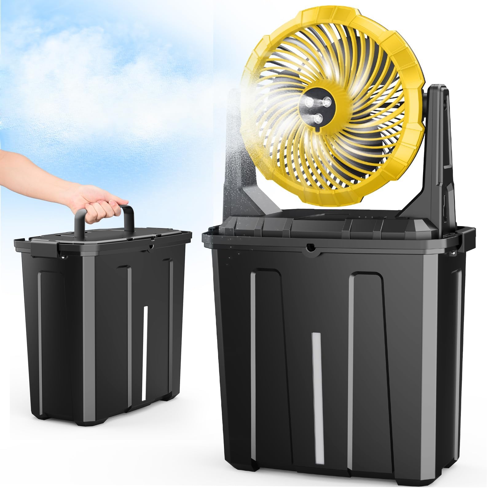 Ausic Portable Misting Fan - 9L Bucket, 10-inch Outdoor Fans for Patios/Camping, 20000mAh USB Rechargeable Battery Powered Floor Cooling Fan with 9L Water Tank, 3 Strong Winds, 3 Spray Mister