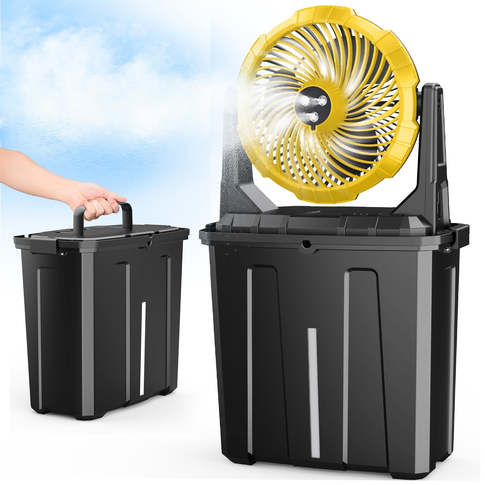 Ausic Portable Misting Fan - 9L Bucket, 10-inch Outdoor Fans for Patios/Camping, 20000mAh USB Rechargeable Battery Powered Floor Cooling Fan with 9L Water Tank, 3 Strong Winds, 3 Spray Mister