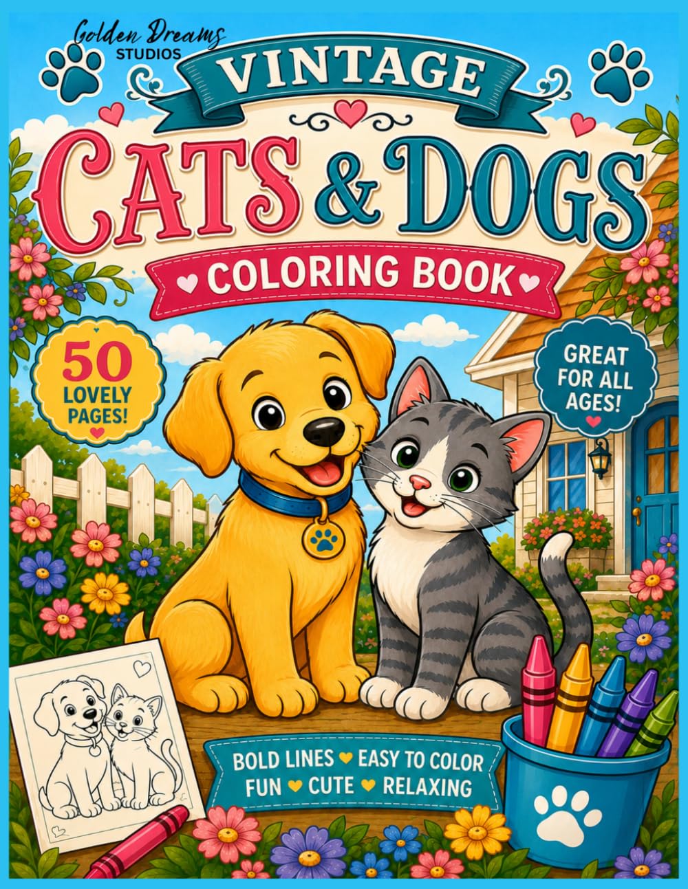 Vintage Cats & Dogs Coloring Book - Cute Animals and Cozy Scenes Vintage Style: Simple and Relaxing Illustrations for All Ages - Bold & Easy