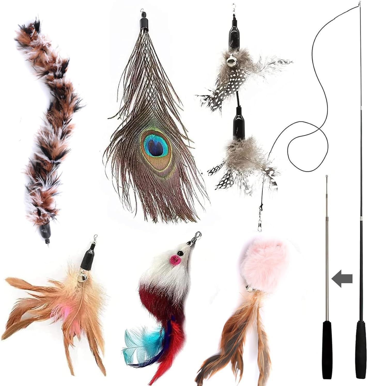 7 Pieces Cat Teasers Cat Feather Wand Cat Toy Interactive Toy Feather Wand with Bell 5X Natural Feather Refills