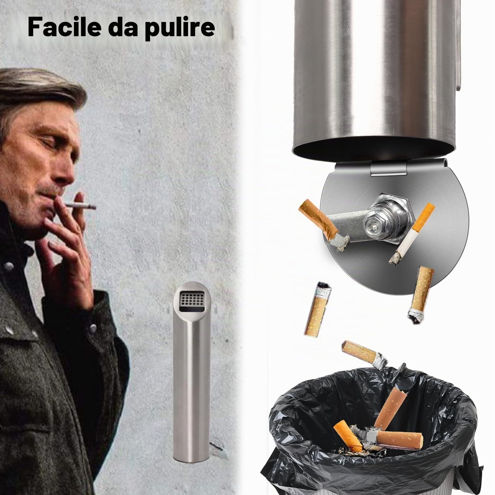 Posacenere da Parete in Acciaio Inox 2 Pezzi, Cenereio Rotondo da Esterno di Facile Pulizia, Ideale per Balcone, Giardino, Hotel, Ufficio, Ristorante (Argento)