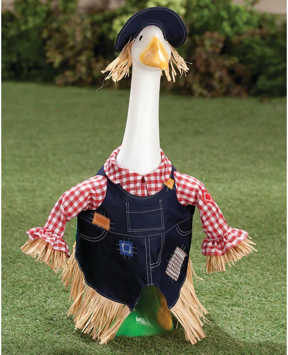 Condition photo showing New/Like New for gaggleville scarecrow goose outfit, fits large 23" h statue by fox valley traders